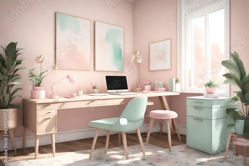  a serene and productive 3D home office desk space with pastel hues. © Ahtesham