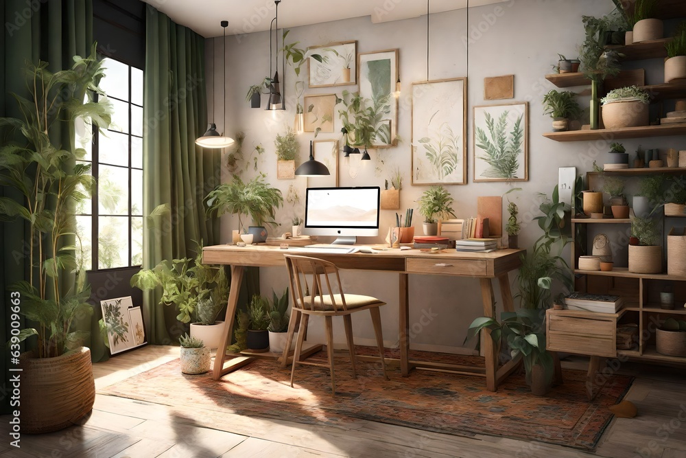  a cozy and colorful 3D home office nook infused with botanical charm.