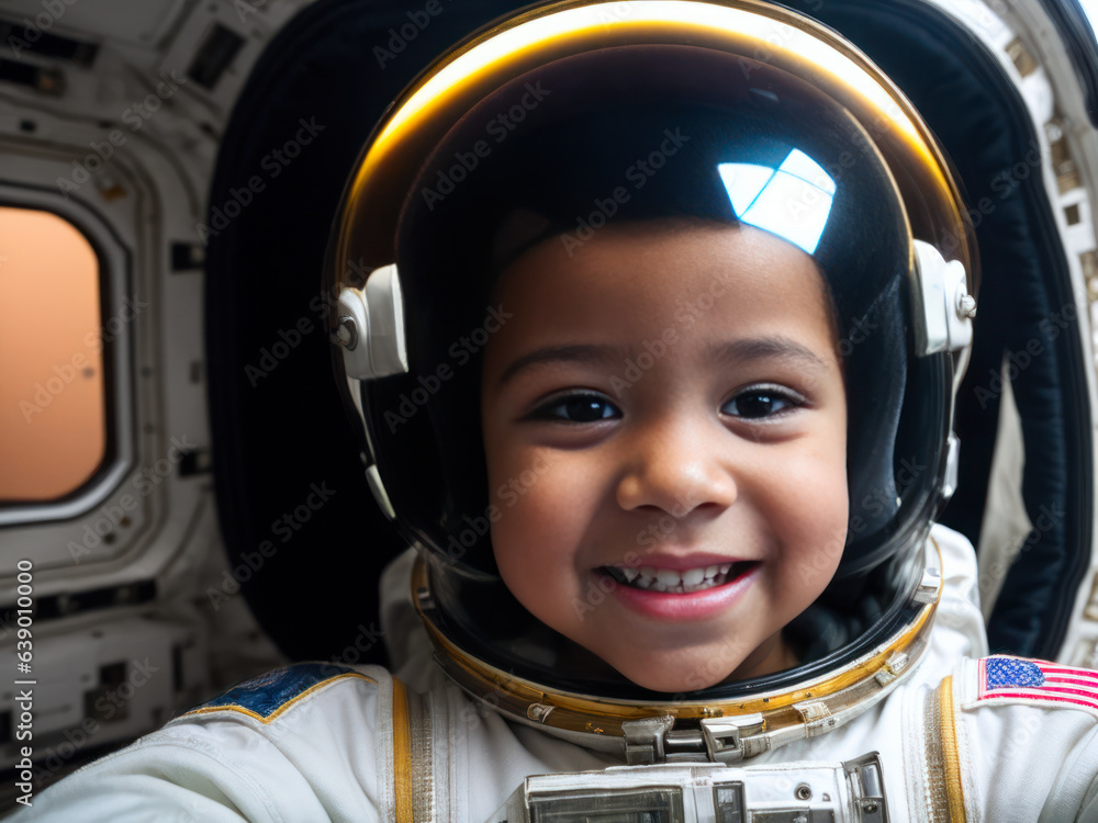 Digital photo of positive beautiful very young laughing ebony baby astronaut taking selfie floating on space Digital photo of positive beautiful very young laughing ebony baby astronaut taking selfie floating on space