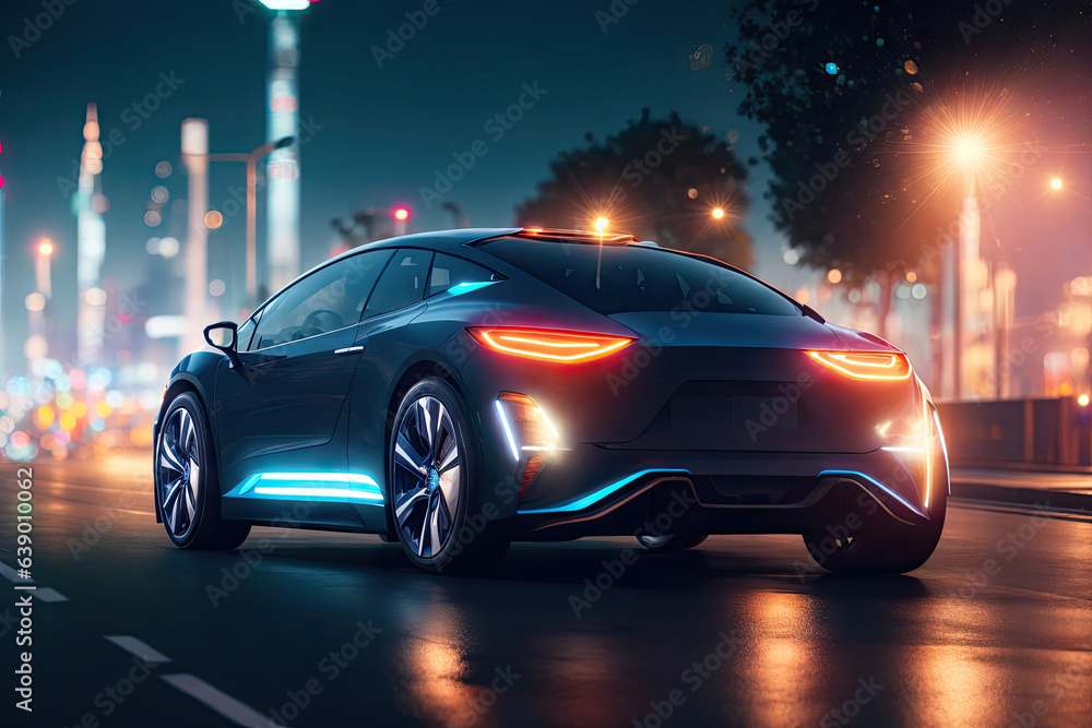 ev car with battery realistic render night city. ai generative