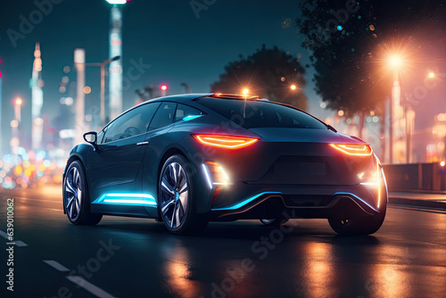 ev car with battery realistic render night city. ai generative