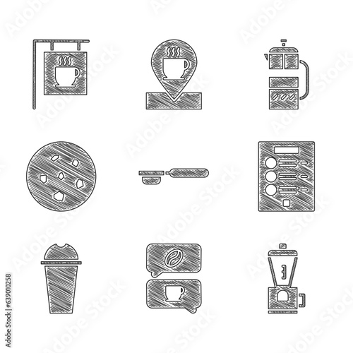 Set Coffee filter holder, and conversation, Electric coffee grinder, menu, Milkshake, Cookie or biscuit, French press and Street signboard icon. Vector