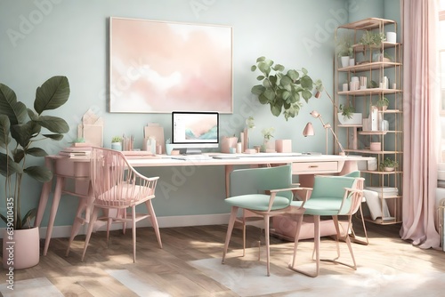  a serene and productive 3D home office desk space with pastel hues.