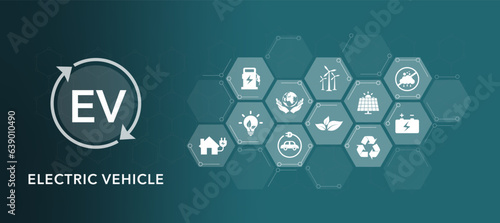 Energy EV car concept. Futuristic hybrid vehicle charge battery electric  on banner blue background with icon illustration environment friendly. green eco technology