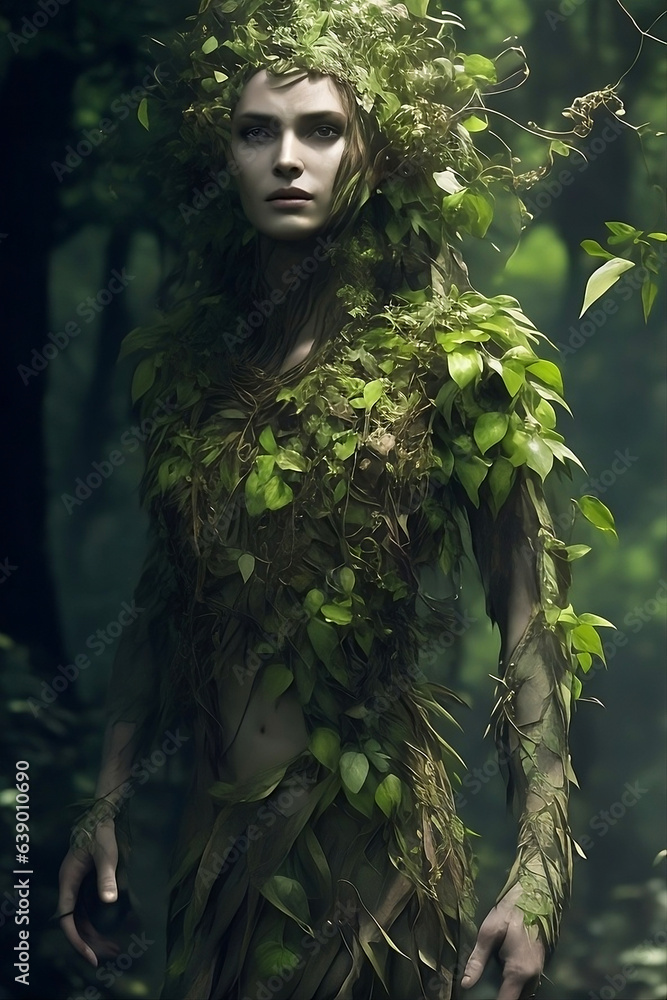 A creature with skin that resembles bark and leaves for hair that looks like a connection between a person and a tree