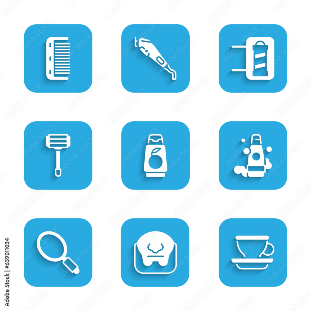 Set Bottle of shampoo, Mustache and beard, Coffee cup, Hand mirror, Shaving razor, Barber shop pole and Hairbrush icon. Vector Set Bottle of shampoo, Mustache and beard, Coffee cup, Hand mirror, Shaving razor, Barber shop pole and Hairbrush icon. Vector