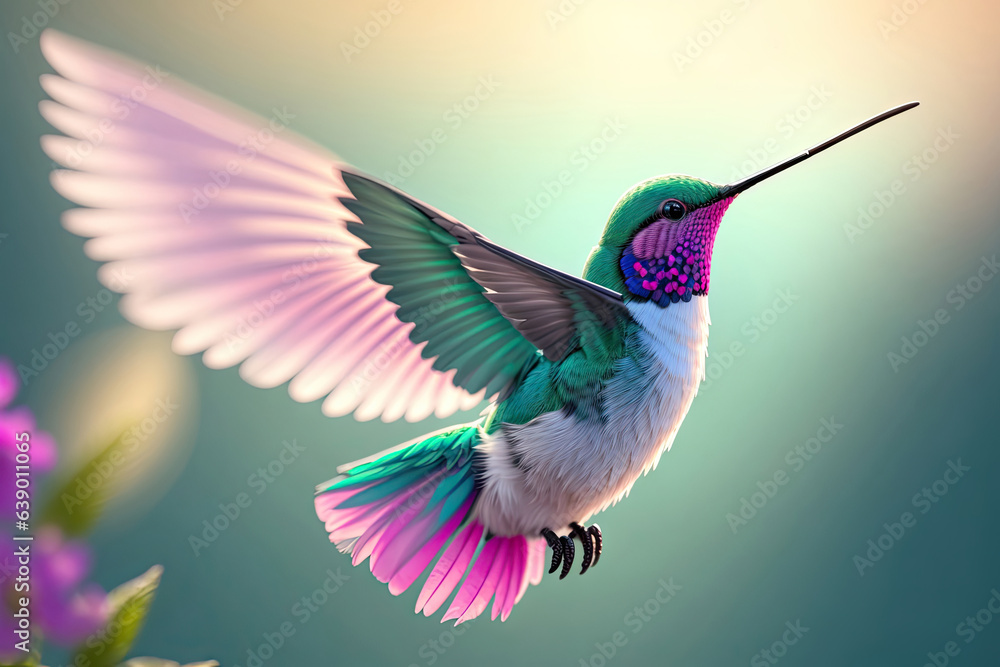 Fototapeta premium photograph of flying hummingbird blue green color. ai generative