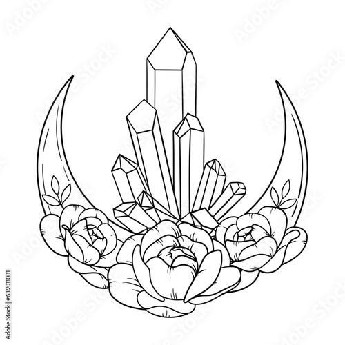 Vector line art mystical celestial magic witchcraft elements. Esoteric crescent moon, crystal, peony rose, stars, leaves, line art.