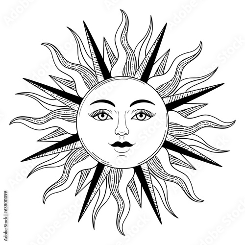 Vector vintage sun with a face, engraving style, esoteric and occult magic signs isolated on white background