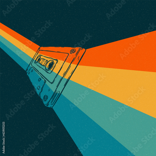 Retro audio cassette and stripes 80s, 70s, 60s music sound tape, hand drawn vector colorful background
