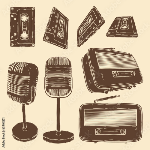 Vintage style radio receiver, audio cassette and microphone. Retro radio and mic silhouette isolated on white.