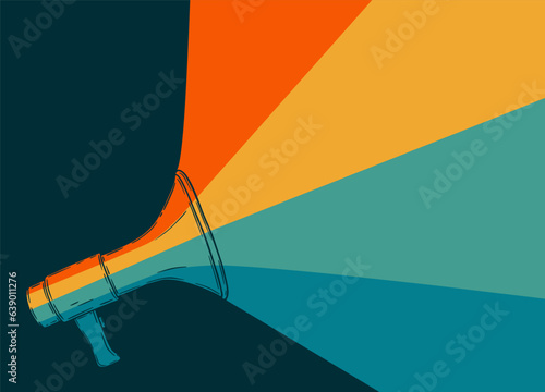 Megaphone loudspeaker. Voice sound speech logo sign, vintage retro stripes. Speaker, social media, advertising and promotion. Vector illustration