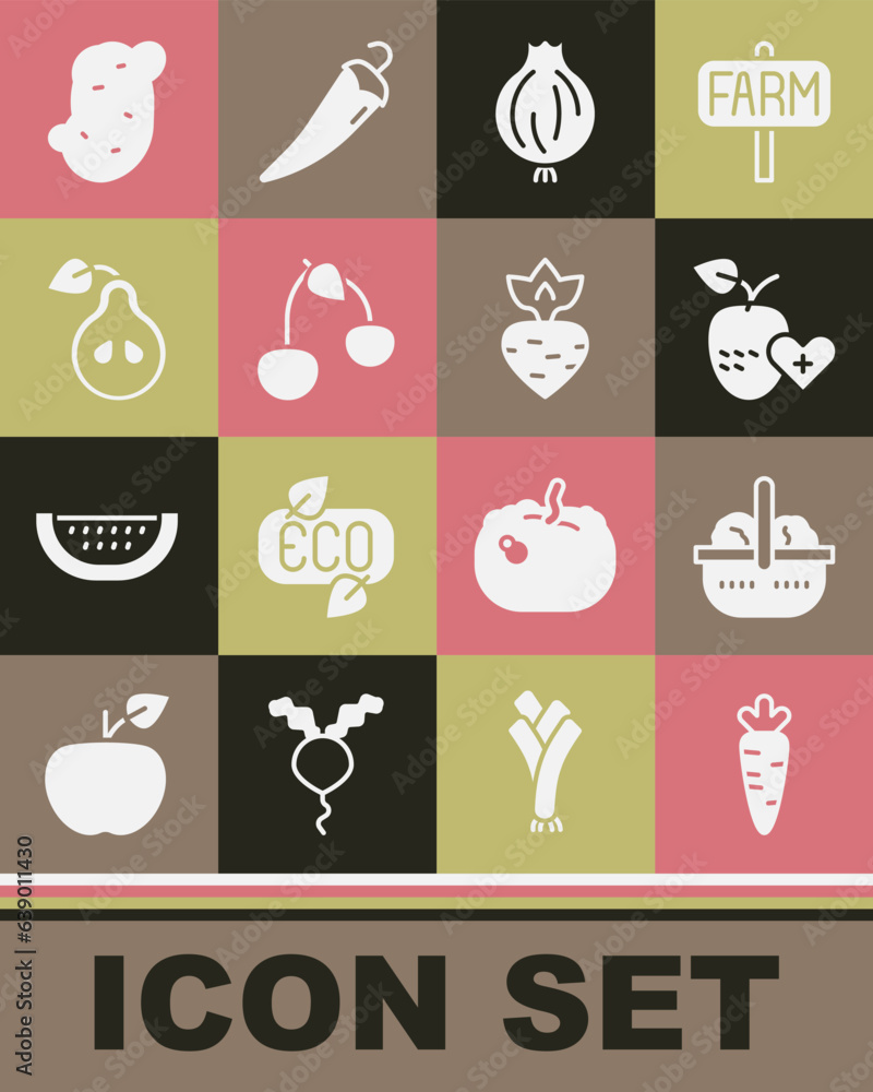 Set Carrot, Basket and food, Healthy fruit, Garlic, Cherry, Pear, Potato and Turnip icon. Vector Set Carrot, Basket and food, Healthy fruit, Garlic, Cherry, Pear, Potato and Turnip icon. Vector