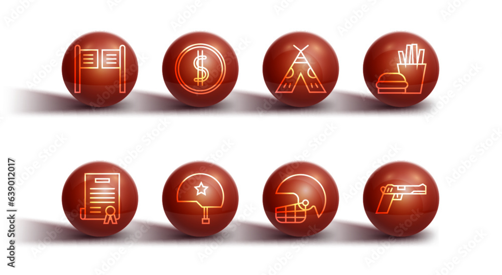 Set line Saloon door, Declaration of independence, Burger and french fries, American football helmet, Military, Coin money with dollar, Pistol gun and Indian teepee wigwam icon. Vector Set line Saloon door, Declaration of independence, Burger and french fries, American football helmet, Military, Coin money with dollar, Pistol gun and Indian teepee wigwam icon. Vector