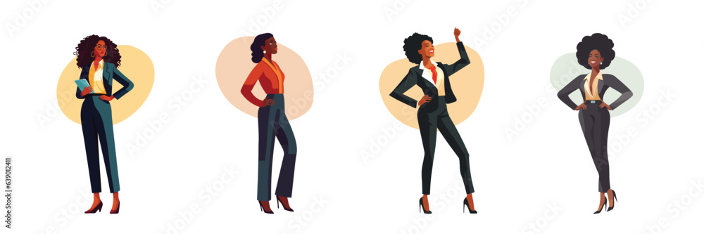 Simple vector illustrations of black women in business suits. Empowering diversity in the corporate world.