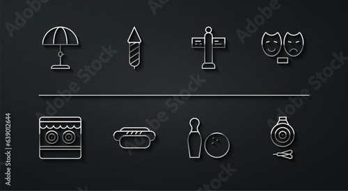 Set line Sun protective umbrella, Shooting gallery, Comedy and tragedy masks, Bowling pin ball, Hotdog, Firework rocket, Classic dart board arrow and Road traffic signpost icon. Vector