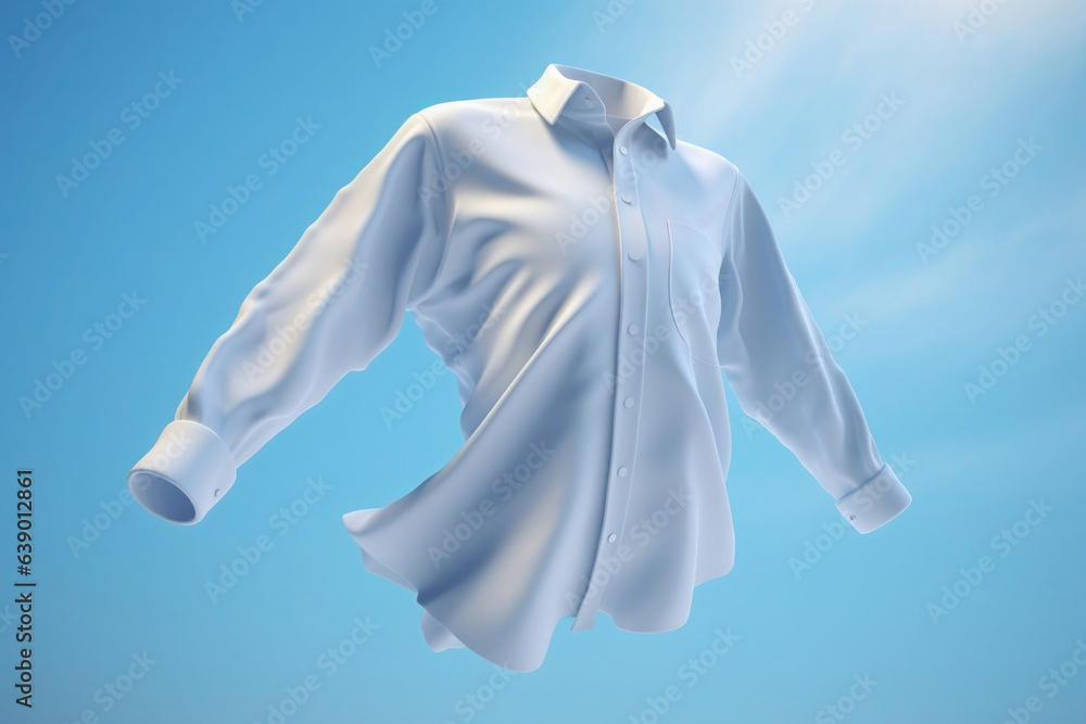 White shirt with ghost model floating in blue background. Snow-white shirt flies in the sky against the clouds. Perfectly white clothes after washing, without human body. Bleach, laundry, dry. Mockup - obrazy, fototapety, plakaty 
