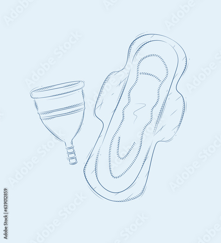 Menstrual cup and women sanitary pad composition drawing on blue background