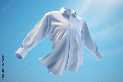 White shirt with ghost model floating in blue background. Snow-white shirt flies in the sky against the clouds. Perfectly white clothes after washing, without human body. Bleach, laundry, dry. Mockup