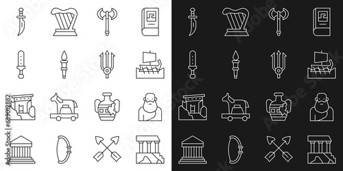 Set line Parthenon, Socrates, Greek trireme, Medieval axe, Torch flame, sword, Dagger and Neptune Trident icon. Vector