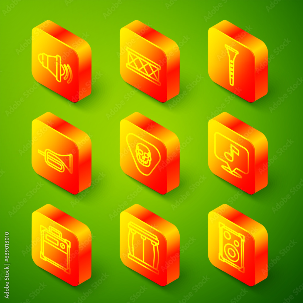 Set line Speaker volume, Drum, Clarinet, Trumpet, Guitar pick, Musical note, amplifier and icon. Vector Set line Speaker volume, Drum, Clarinet, Trumpet, Guitar pick, Musical note, amplifier and icon. Vector