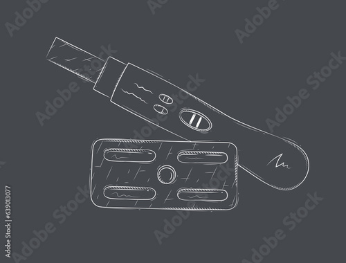 Pregnancy or ovulation test and birth control pill composition drawing on black background