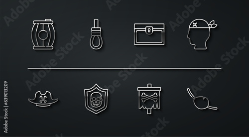 Set line Gun powder barrel, Pirate hat, captain, flag, Shield with pirate skull, Gallows rope loop hanging, eye patch and Antique treasure chest icon. Vector