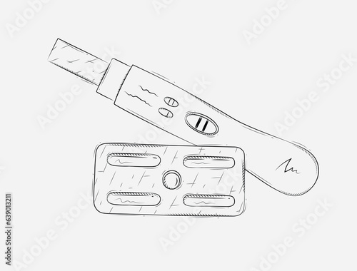Pregnancy or ovulation test and birth control pill composition drawing on grey background