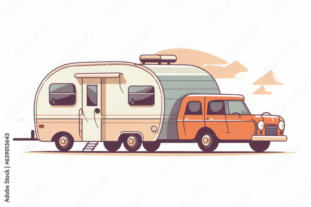 A cartoon illustration of a car pulling a caravan. Generative AI.