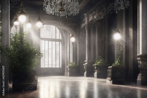The hall of the magical castle with large columns
