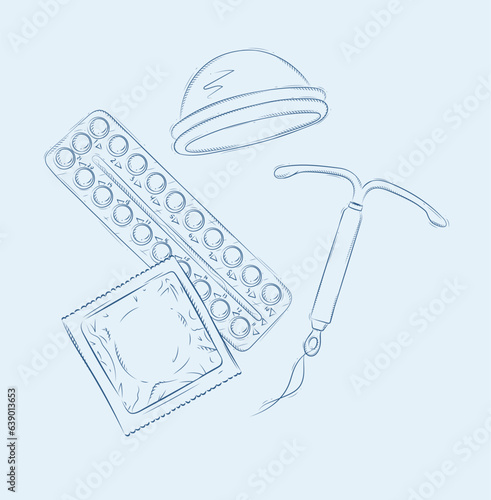 Women diaphragm, intrauterine device for contraception, pack of condom and birth control pills composition drawing on blue background