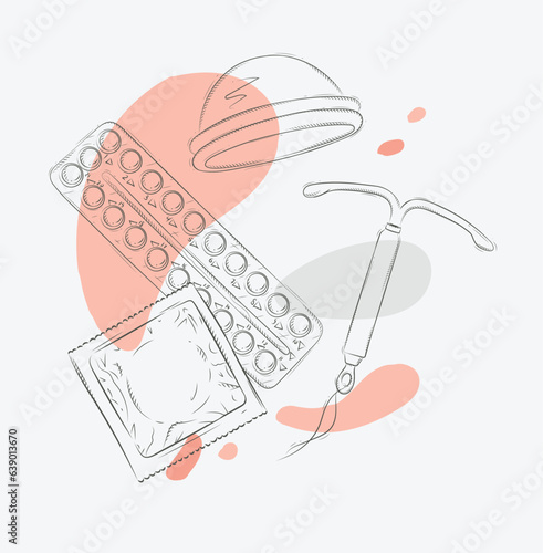 Women diaphragm, intrauterine device for contraception, pack of condom and birth control pills composition drawing with splash on grey background