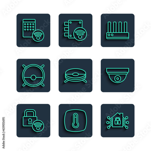 Set line Digital door lock, Thermostat, Smart home, Router and wi-fi signal, Robot vacuum cleaner, Air humidifier and Motion sensor icon. Vector