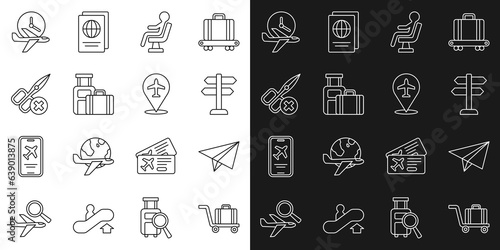 Set line Trolley baggage, Paper airplane, Road traffic sign, Human waiting in airport terminal, Suitcase, No scissors, Flight time and Plane icon. Vector