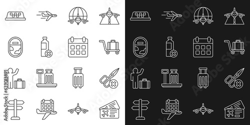 Set line Airline ticket, No scissors, Trolley baggage, Globe with flying plane, water bottle, Airplane window, Taxi car roof and Calendar and airplane icon. Vector