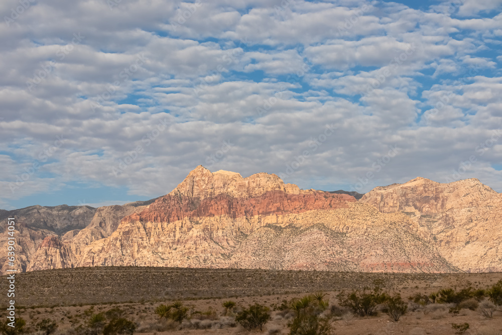 Fototapeta premium Scenic sunrise view of limestone peaks Mount Wilson, Bridge and Rainbow Mountain of Red Rock Canyon National Conservation Area in Mojave Desert near Las Vegas, Nevada, United States. Remote hiking