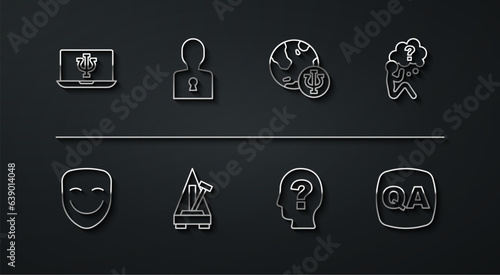Set line Psychologist online, Comedy theatrical mask, Head with question mark, Metronome pendulum, Solution to problem, Question and Answer and Psychology, Psi icon. Vector