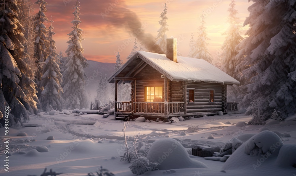 Step into the world of winter coziness with this captivating image. A charming cabin sits nestled in a snow-covered landscape, emitting a warm glow made with Generative AI