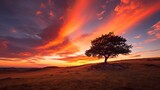Capture the essence of nature's beauty with this captivating image. A serene sunset landscape showcases a solitary tree standing tall against the backdrop made with Generative AI