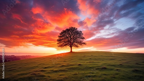 Capture the essence of nature's beauty with this captivating image. A serene sunset landscape showcases a solitary tree standing tall against the backdrop of the radiant evening sky. The warm, golden 