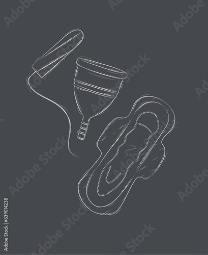 Tampon, women sanitary pad and menstrual cup composition drawing on black background