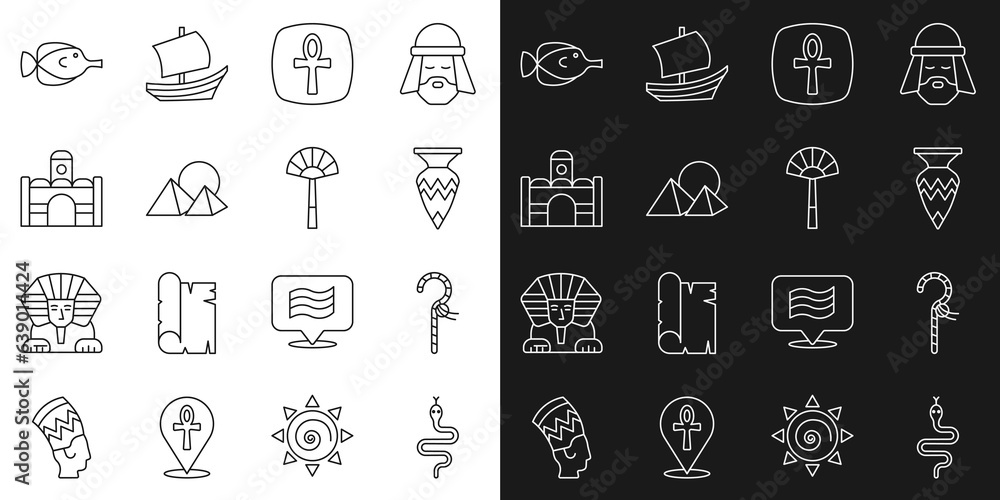 Set line Snake, Crook, Egyptian vase, Cross ankh, pyramids, house, Butterfly fish and fan icon. Vector