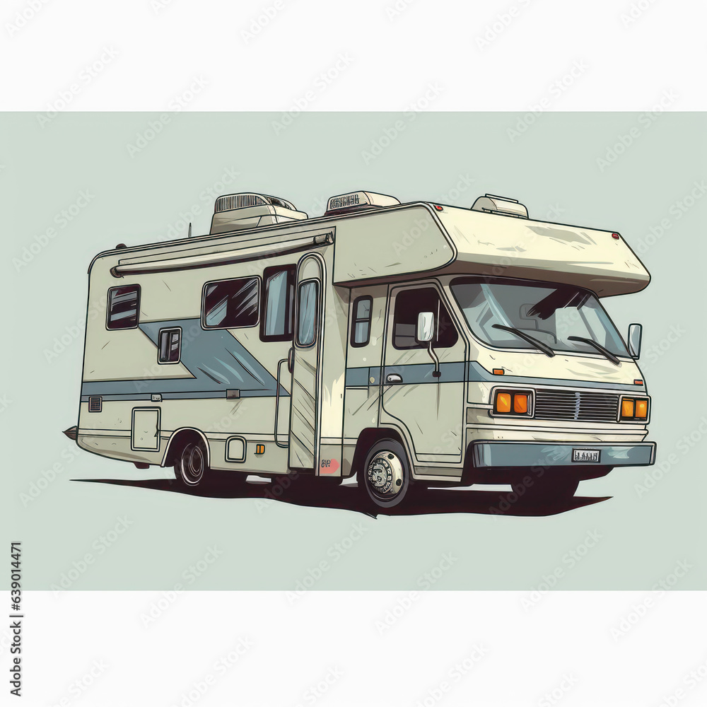 A cartoon illustration of a camper van. Generative AI.