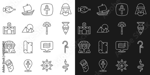 Set line Snake  Crook  Egyptian vase  Cross ankh  pyramids  house  Butterfly fish and fan icon. Vector
