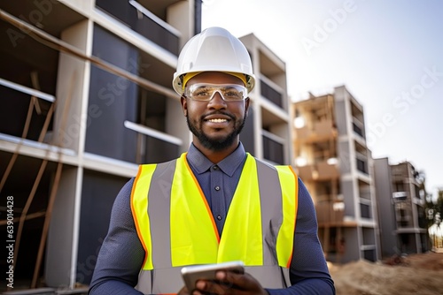Black male manages construction project with safety gear. Photo generative AI