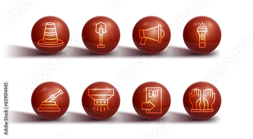 Set line Traffic cone, Fire hose reel, Flashlight, exit, sprinkler system, shovel, Firefighter gloves and Megaphone icon. Vector