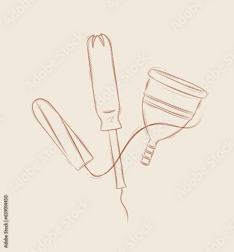 Tampon and menstrual cup composition drawing on beige background