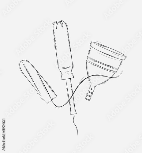 Tampon and menstrual cup composition drawing on grey background