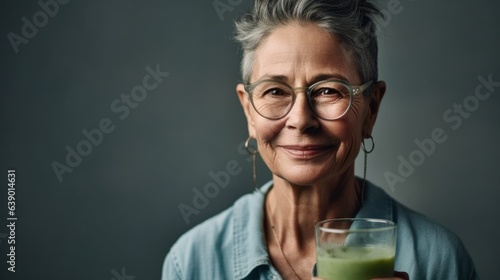 In a studio, a content senior lady poses with a fresh smoothie in her chic neutral outfit, wearing a warm smile. Generative AI