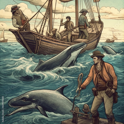 Whaler. Whale hunters. Team of whalers on special ship..